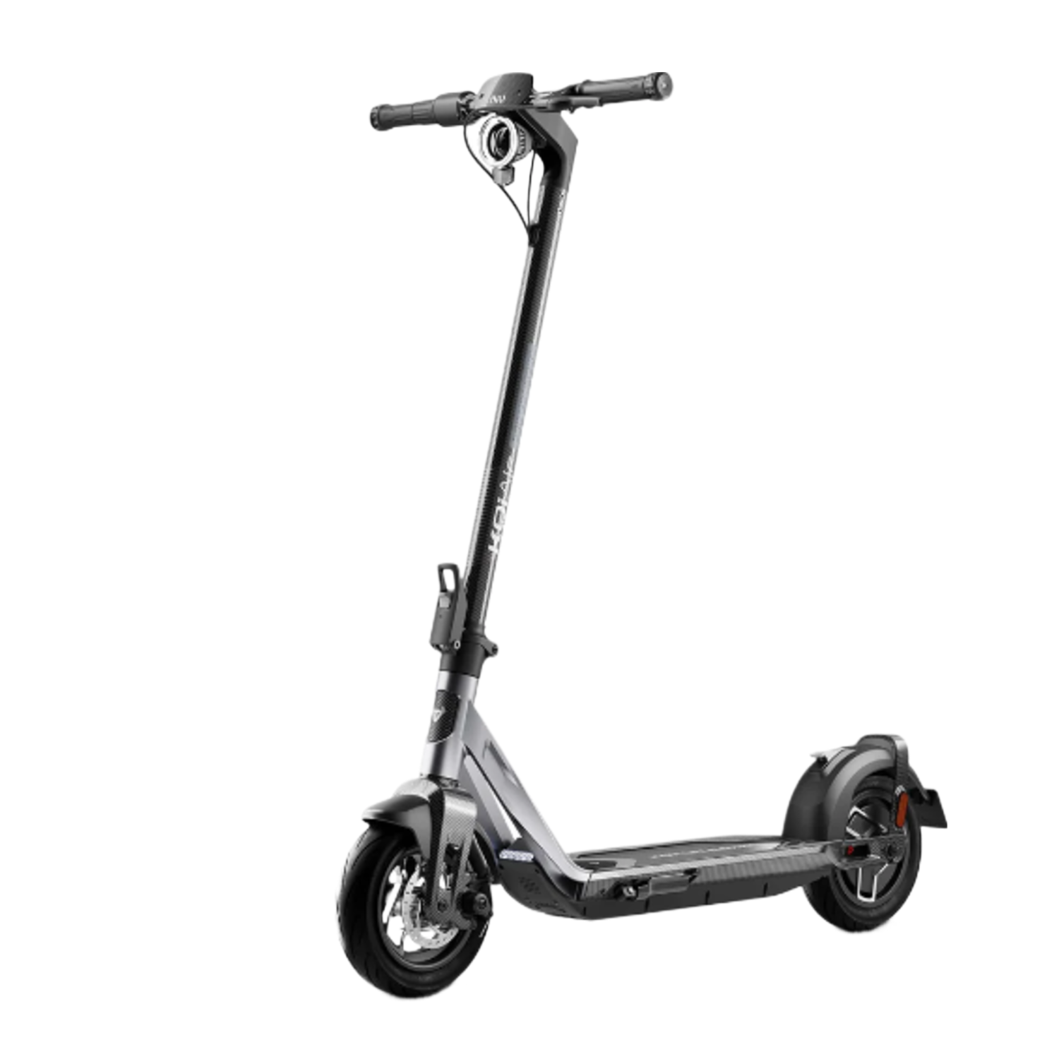Une trottinette électrique grise et noire, vue en angle sur fond noir.