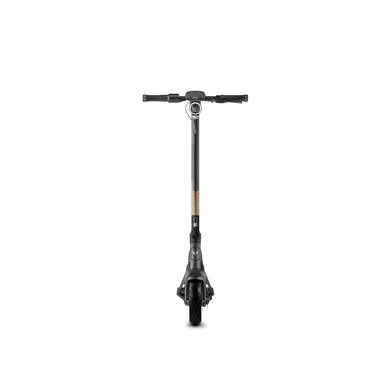 Trottinette électrique noire vue de face, isolée sur fond blanc.