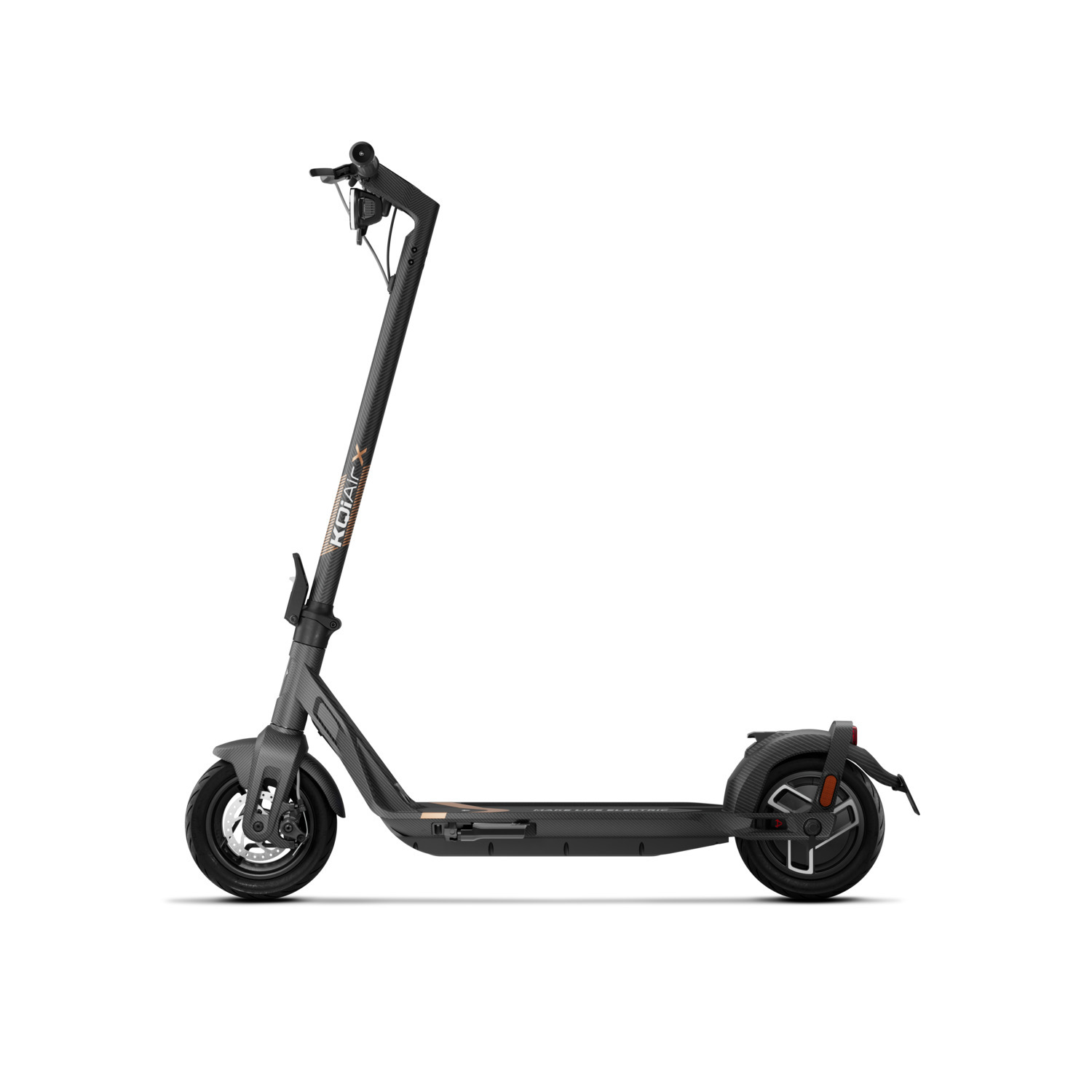 Trottinette électrique noire et grise, vue de côté, avec un guidon droit.