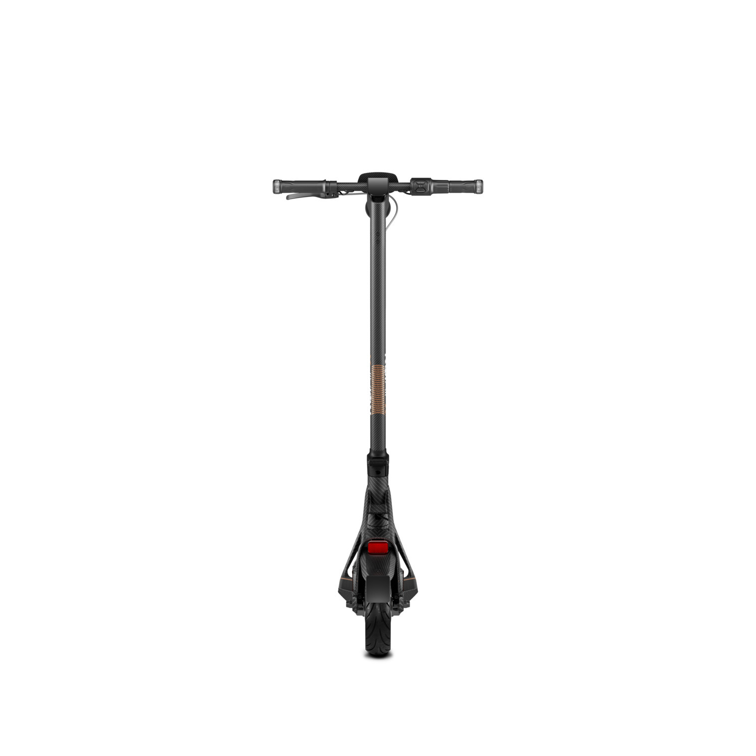 Trottinette électrique noire, vue arrière, sur fond blanc.
