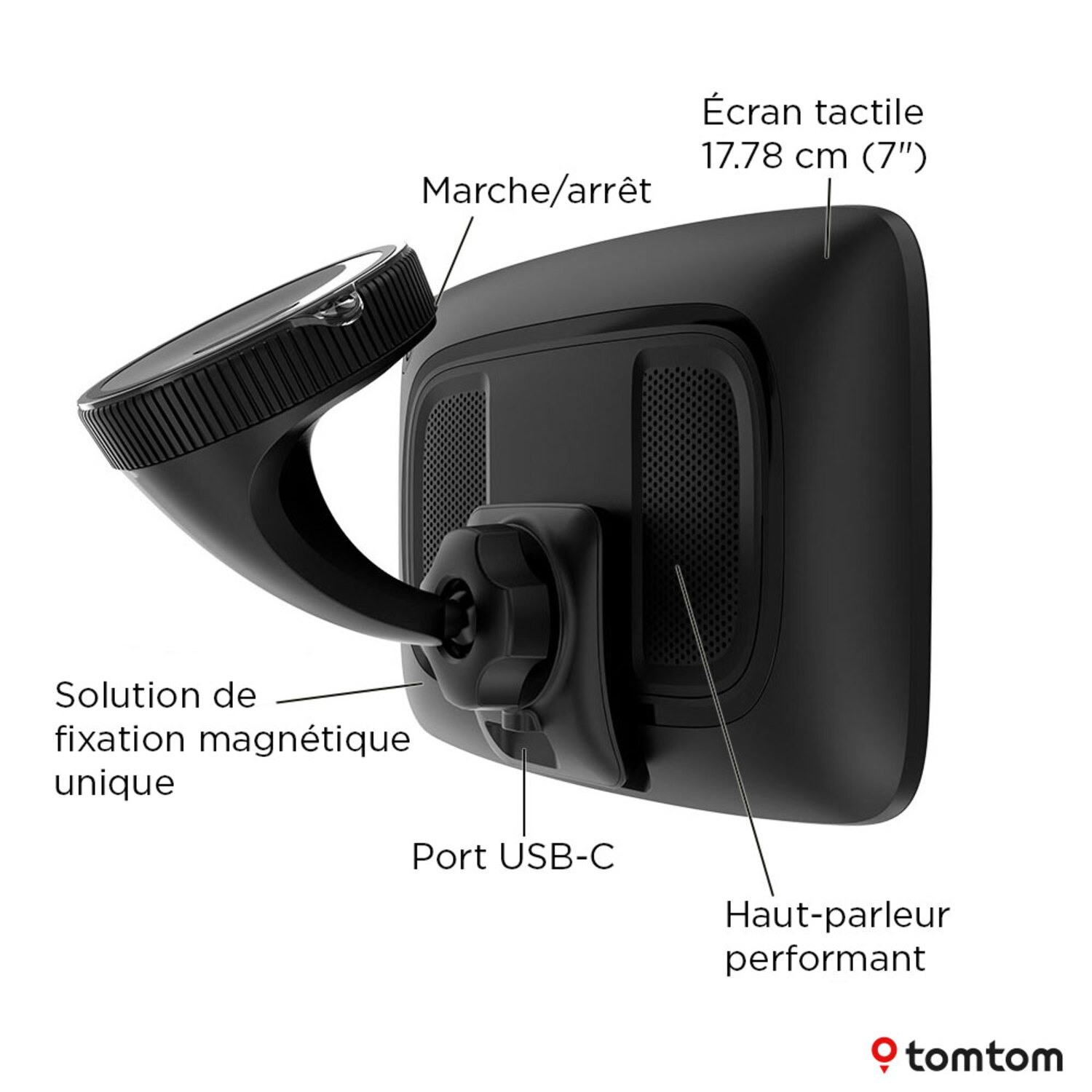 Appareil GPS noir avec écran tactile et fixation magnétique.