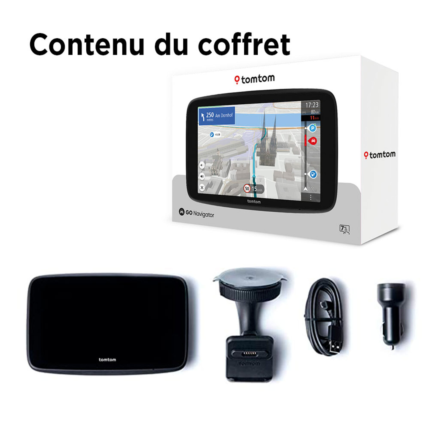 Boîte GPS TomTom avec GPS, support de voiture, câble et chargeur de voiture.