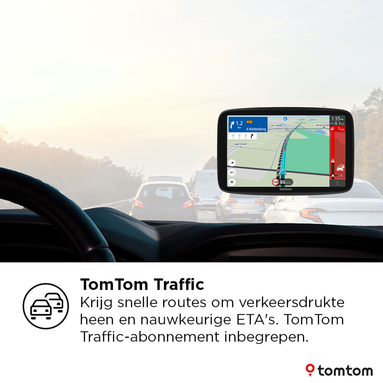 GPS navigation screen in a car, showing a route map. Other cars are visible.