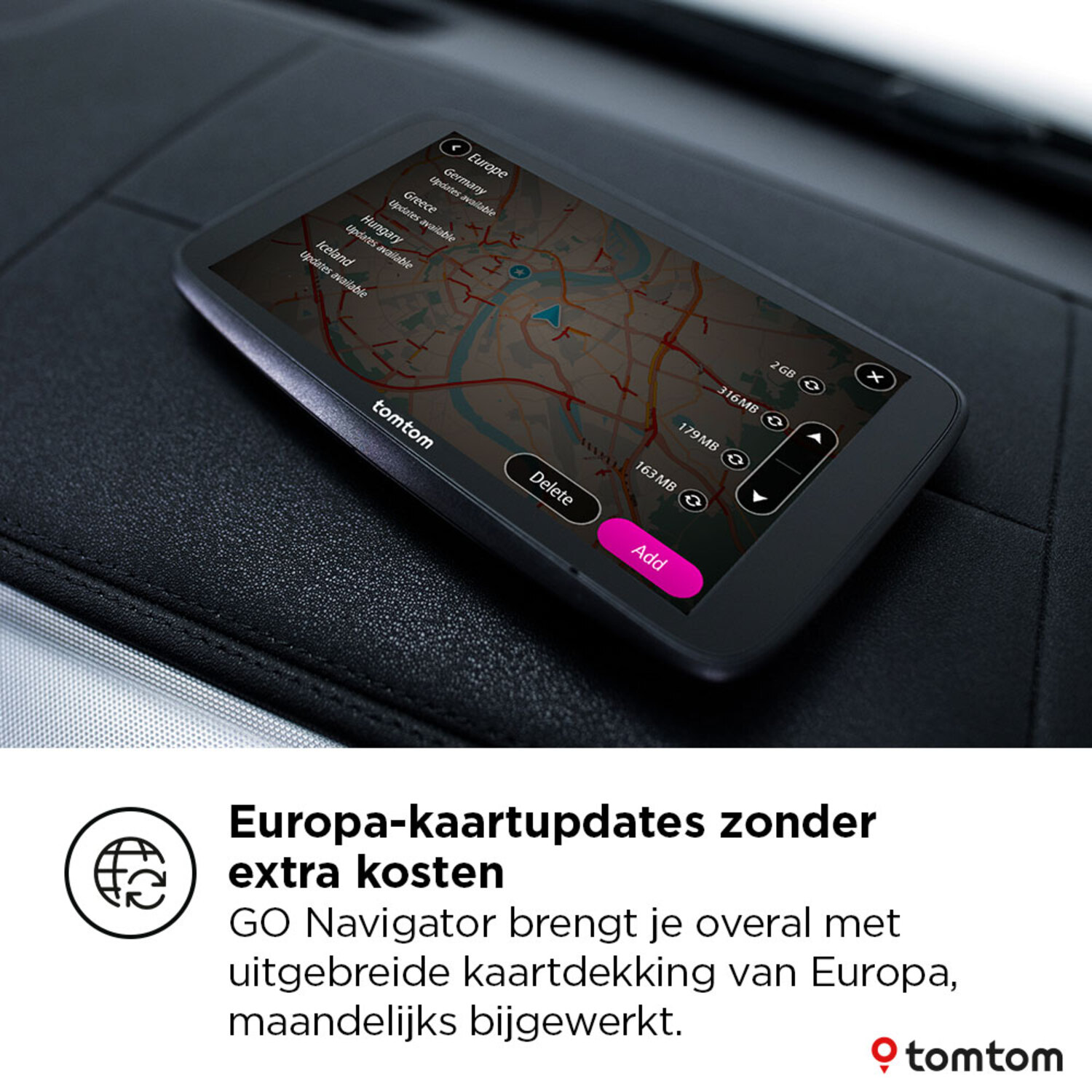 GPS device in car, showing map with Europe map updates, black dashboard.
