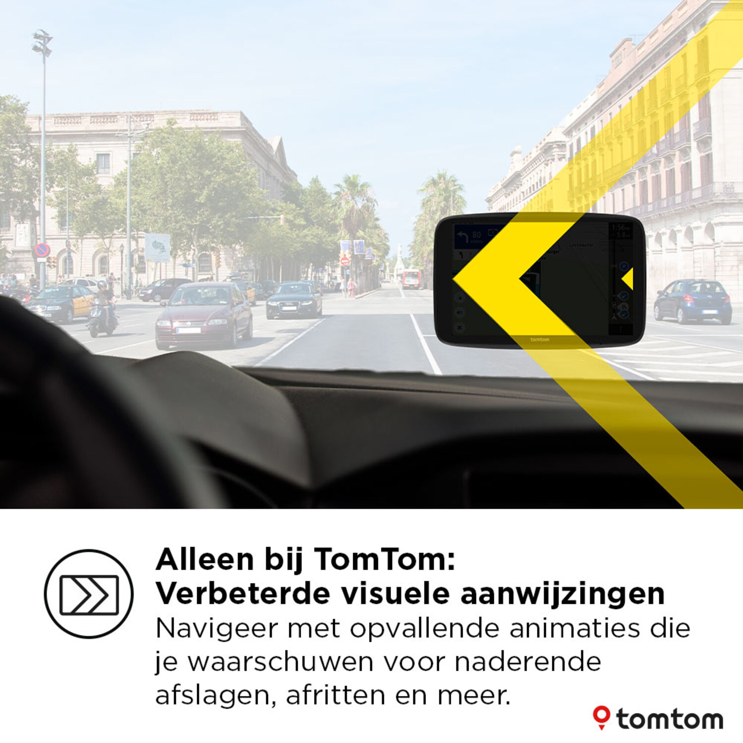 Dashboard view showing navigation with yellow arrows and text. The text is in Dutch.