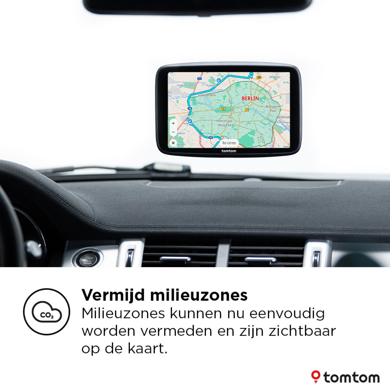 A car dashboard with a GPS screen showing a map of Berlin with directions.