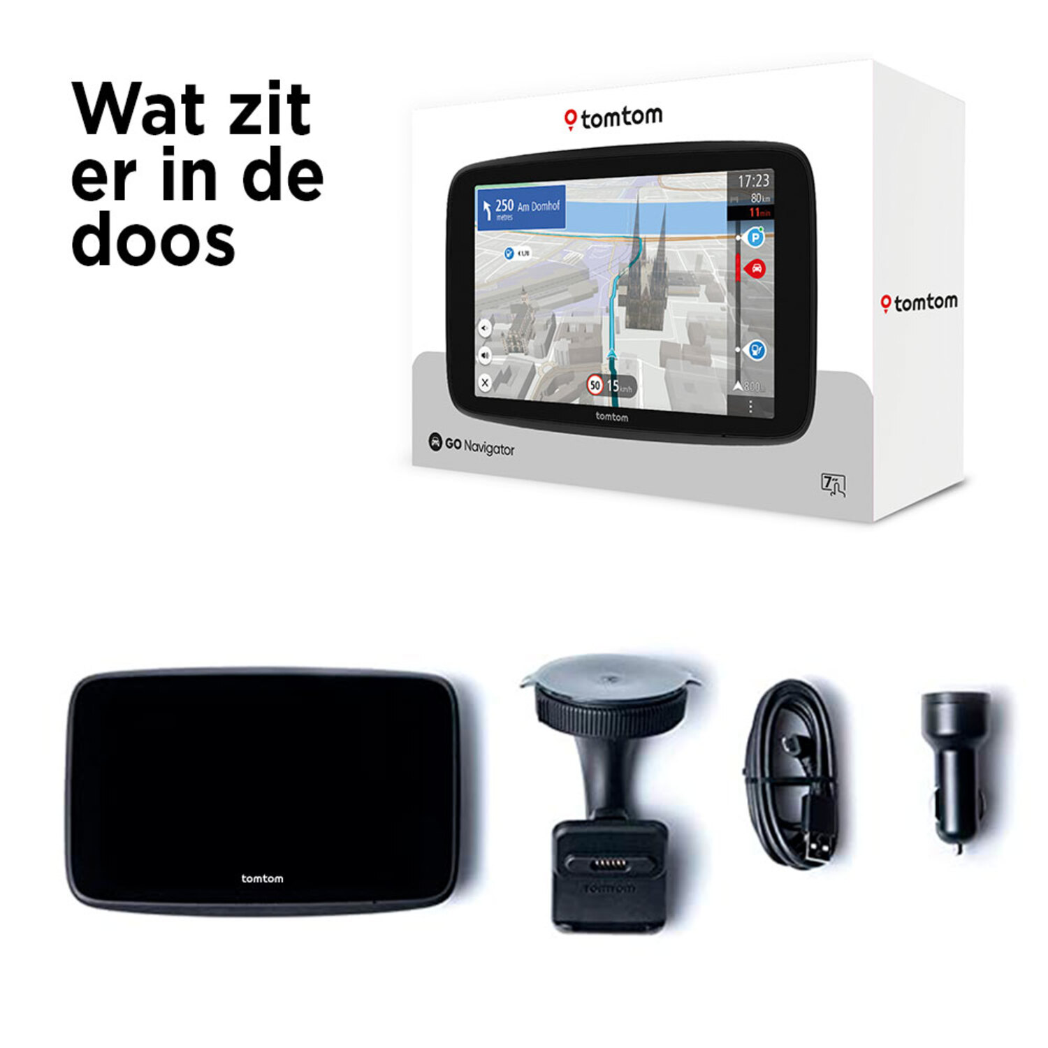 A TomTom GPS device in its box, with accessories. Includes car mount, charger, and cable. White background.