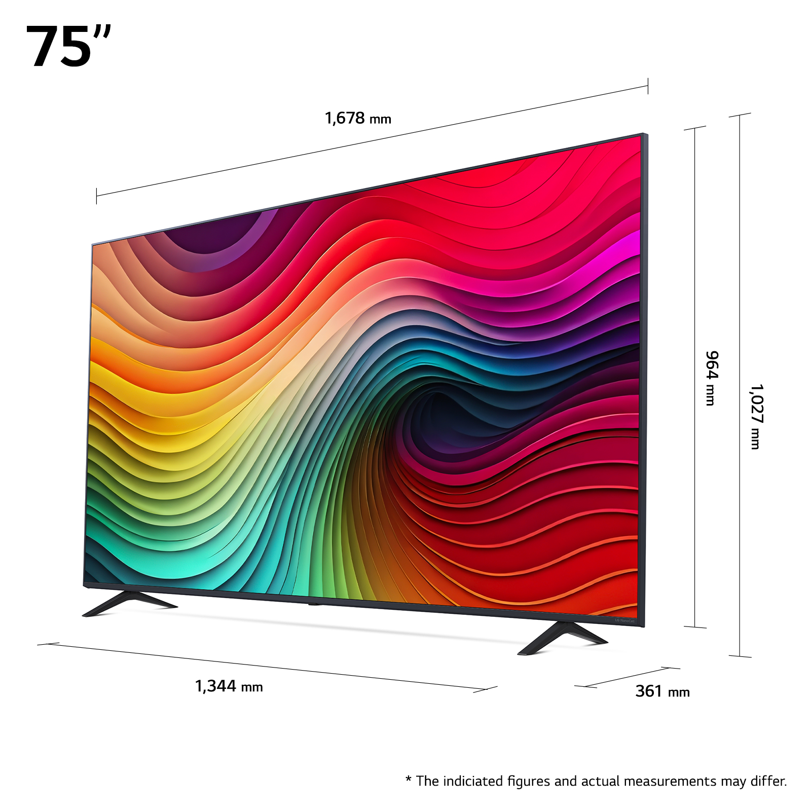 Ein 75-Zoll-Fernseher zeigt ein farbenfrohes, abstraktes Bild. Abmessungen mit Messungen.