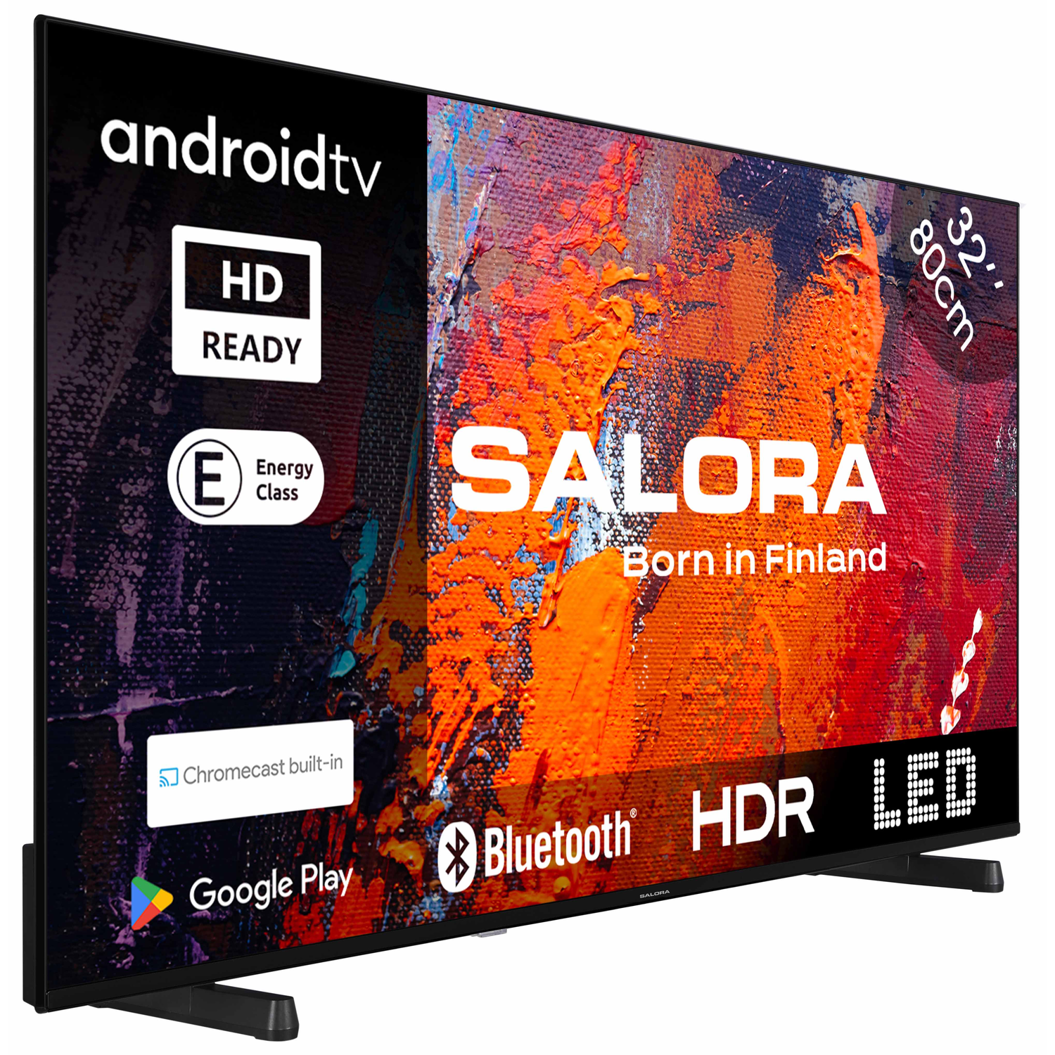 A large, flat-screen TV with a colorful abstract background. The brand name is SALORA.