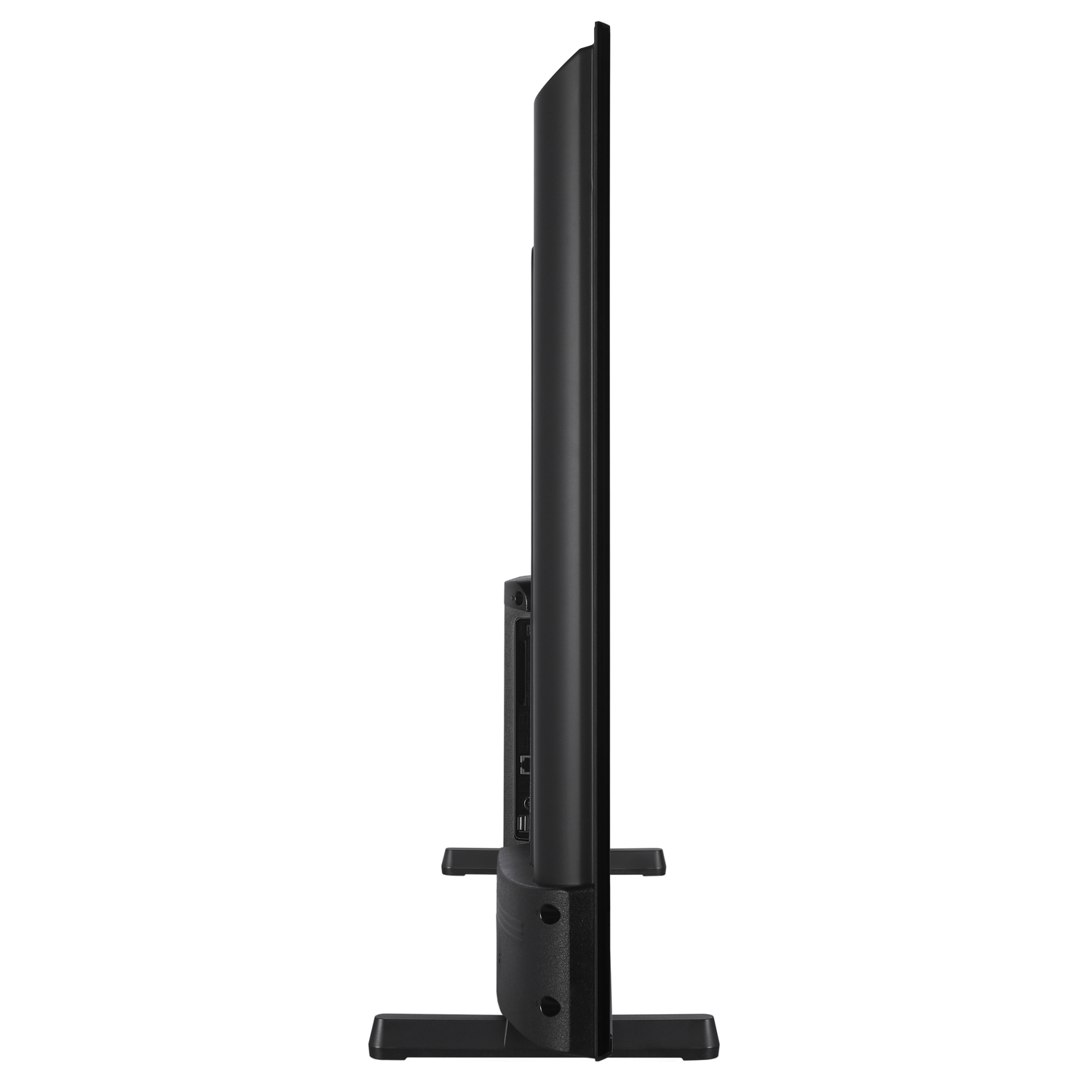 Side view of a black TV with a stand.