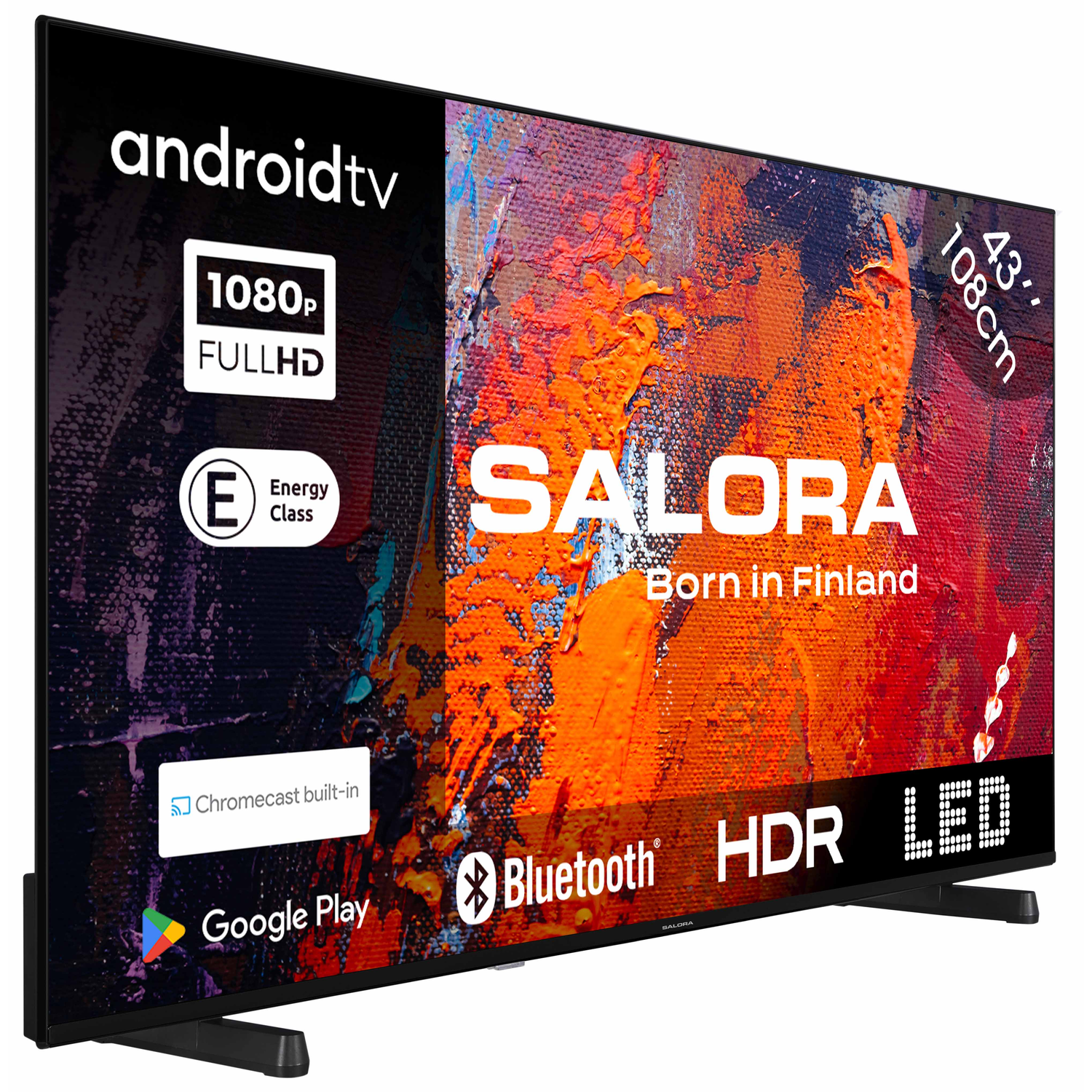 Large Salora Android TV showing colorful abstract art and product details.