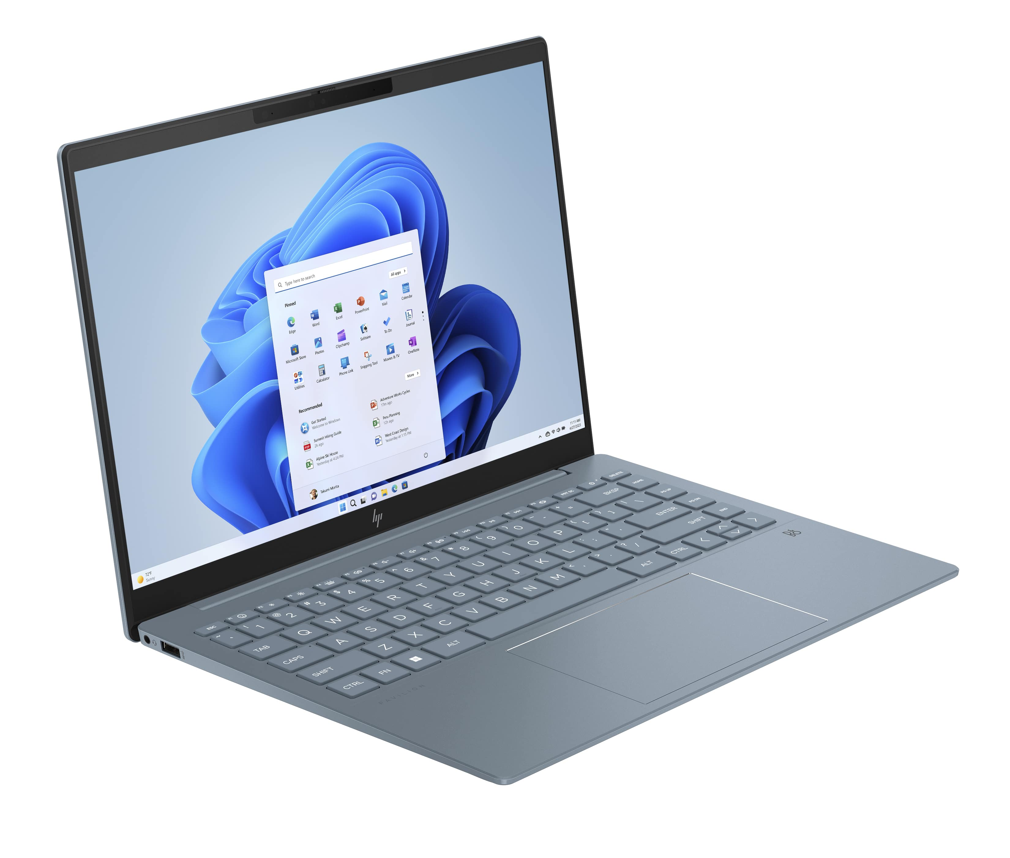 Un portátil azul-gris con la interfaz de Windows 11 abierta.