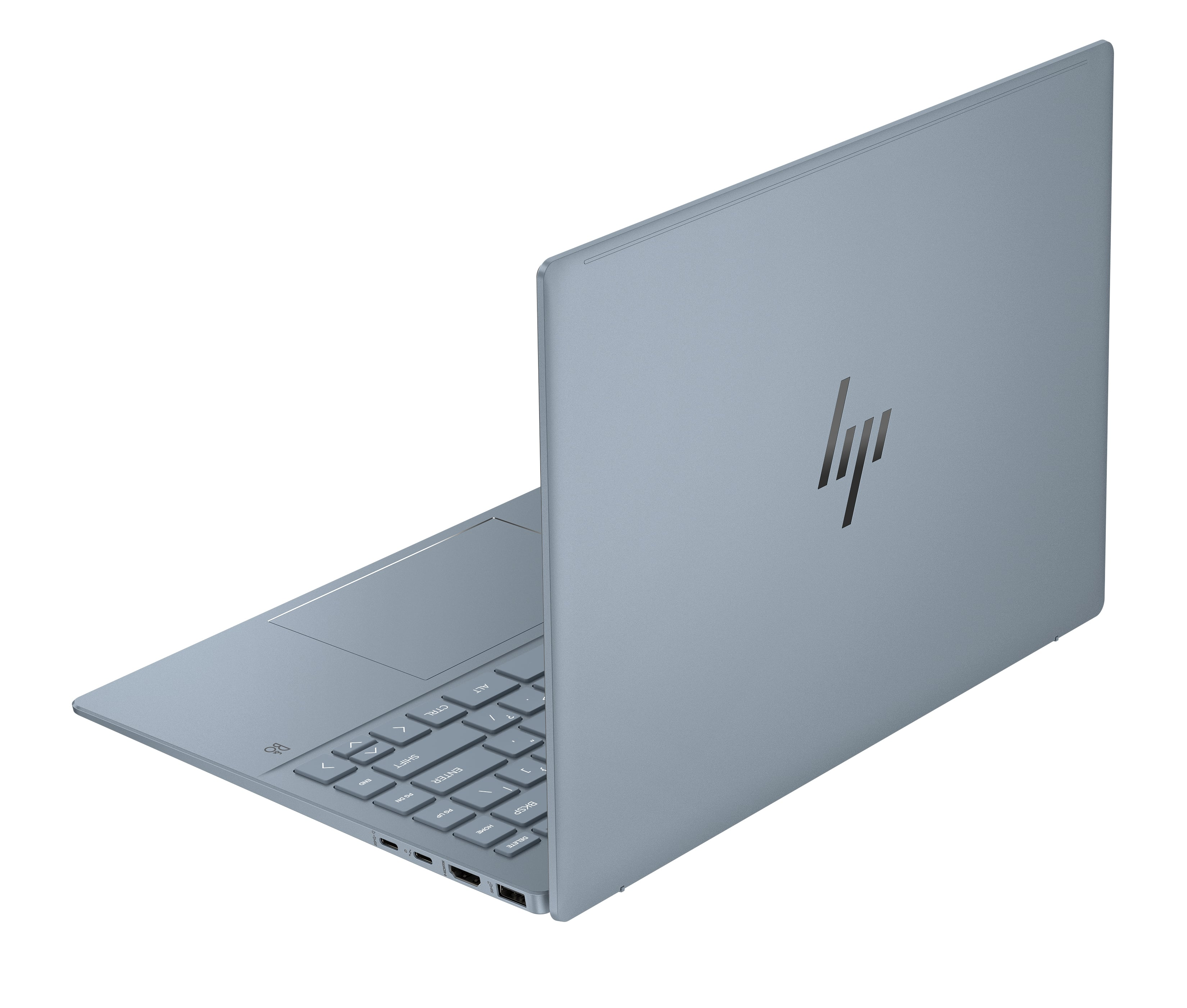 Un portátil HP azul claro, visto desde atrás.