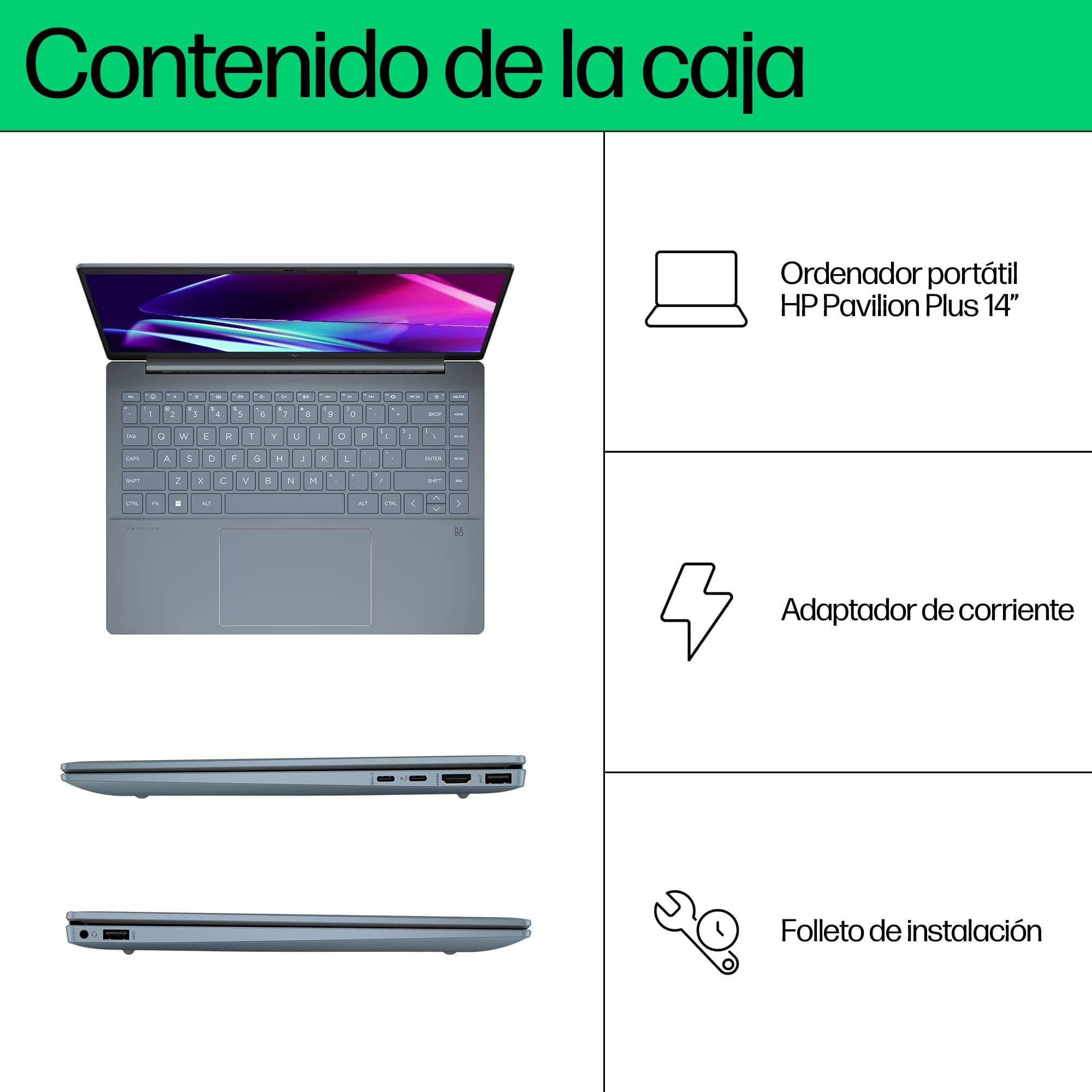 Diagrama con portátil, adaptador de corriente y guía de instalación. Texto en español.