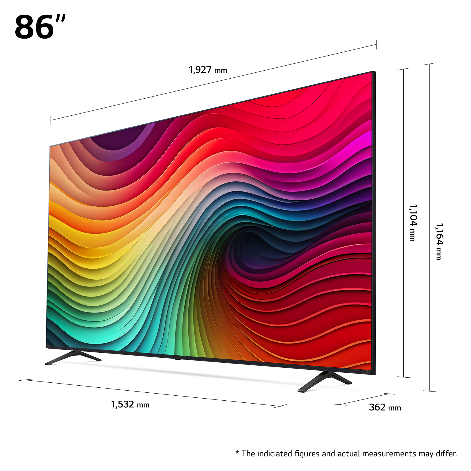 Großer 86-Zoll-Fernseher mit farbenfroher abstrakter Kunst auf dem Bildschirm. Schwarzer Rahmen, Ständer. Abmessungen.