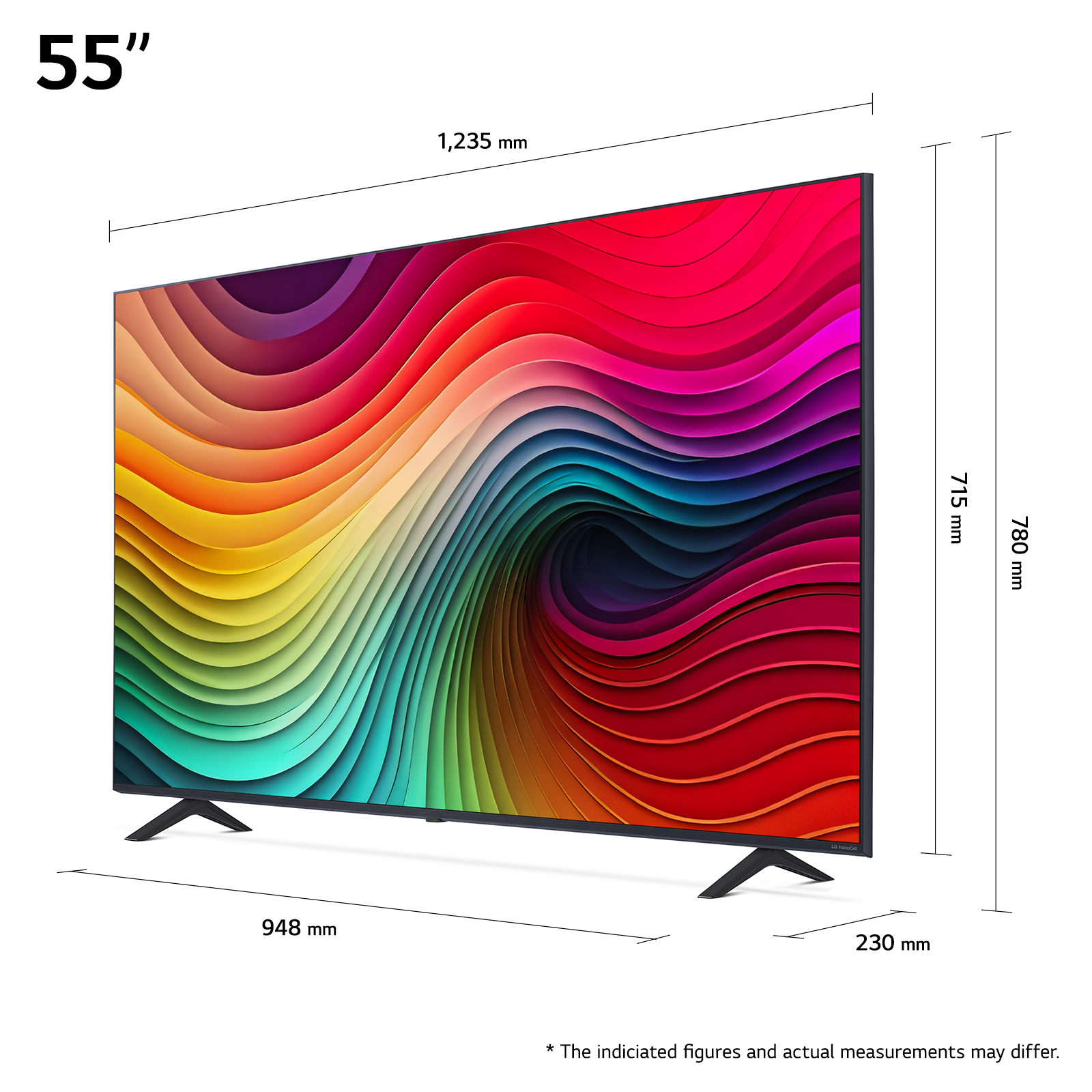 Ein 55-Zoll-Fernseher, der ein farbenfrohes, abstraktes Bild mit Größenangaben zeigt.