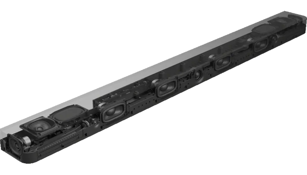 Przekrój soundbaru pokazujący głośniki wewnętrzne i komponenty.