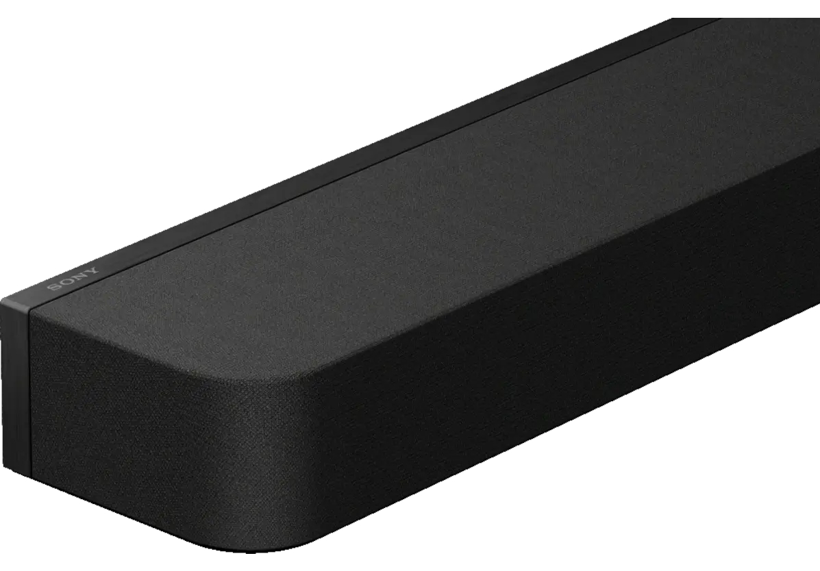 Czarny soundbar Sony, widok pod kątem, pokazujący logo Sony.