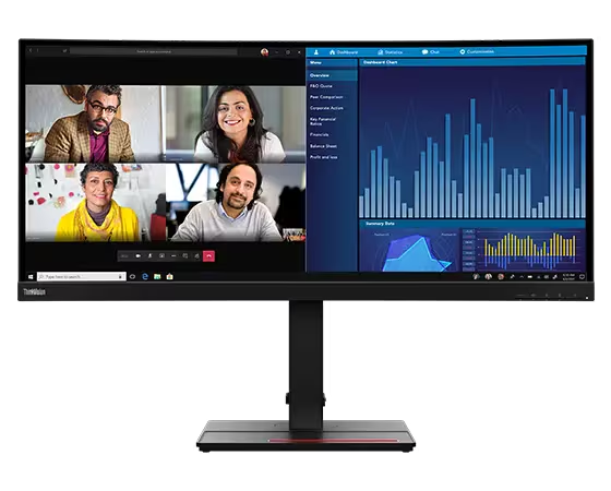 Un monitor de computadora que muestra una videoconferencia y gráficos de datos.