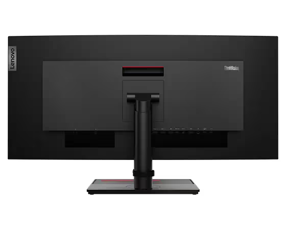 Vista trasera de un monitor Lenovo negro con soporte y una franja roja.