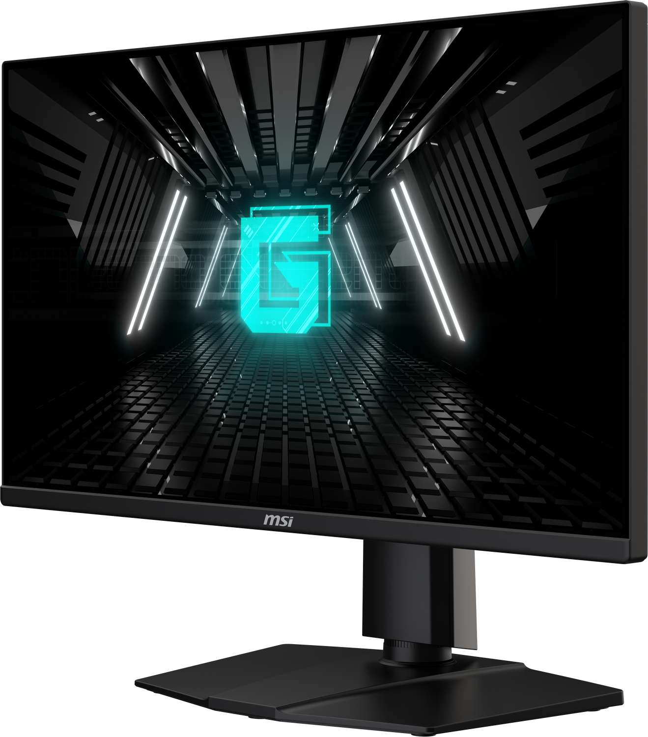 Monitor gaming MSI con diseño futurista y logo 'G' iluminado.