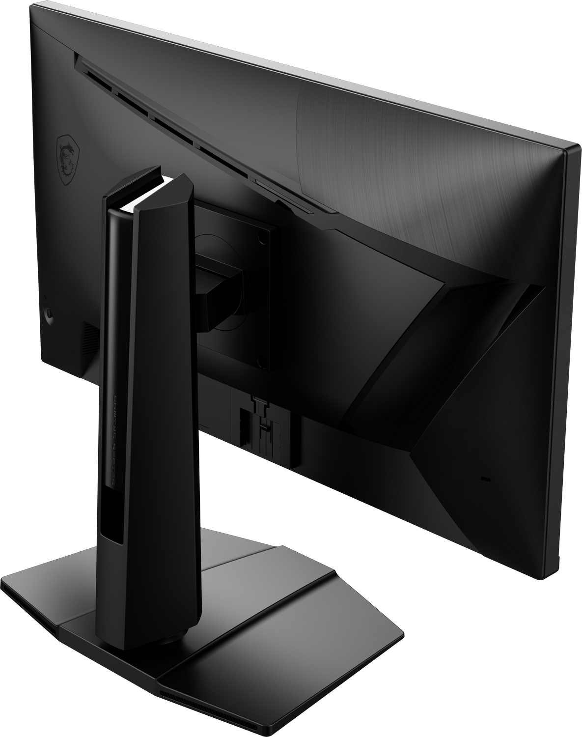 Monitor de ordenador negro, vista en ángulo, mostrando la parte trasera. Soporte y puertos son visibles.