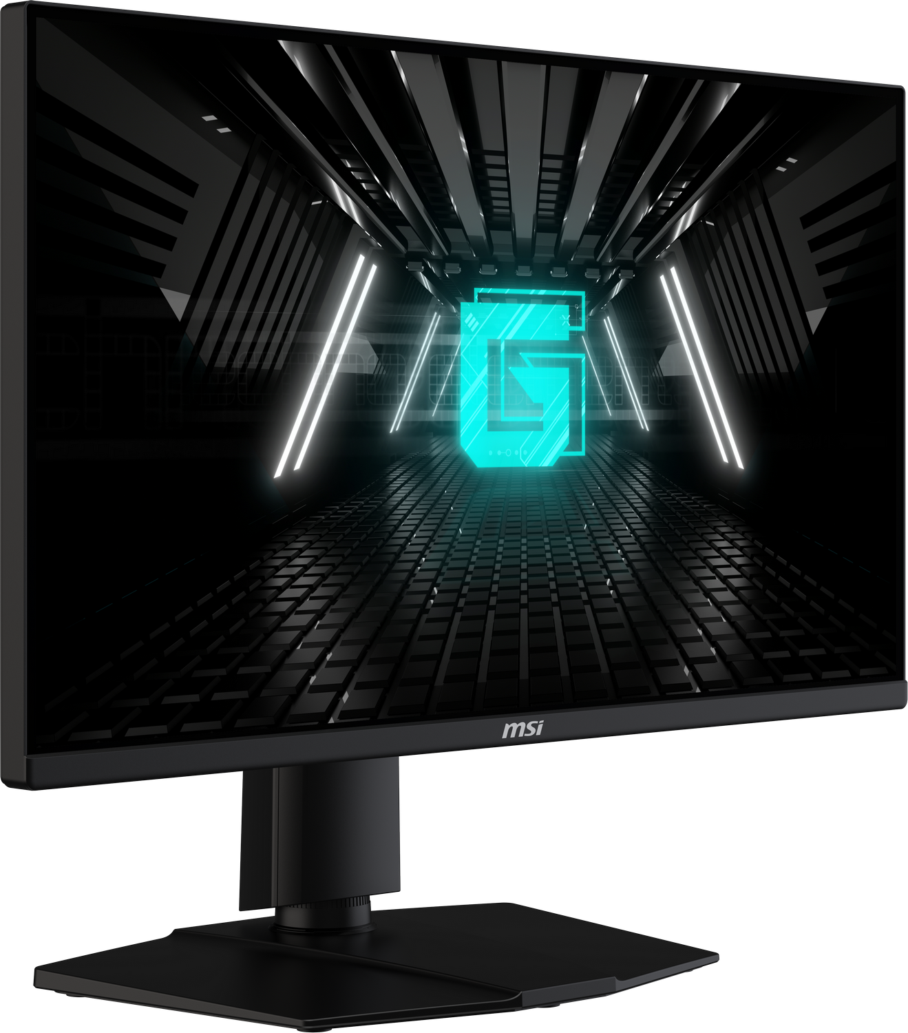 Monitor gaming con marco y soporte negros. Pantalla con gráfico futurista.
