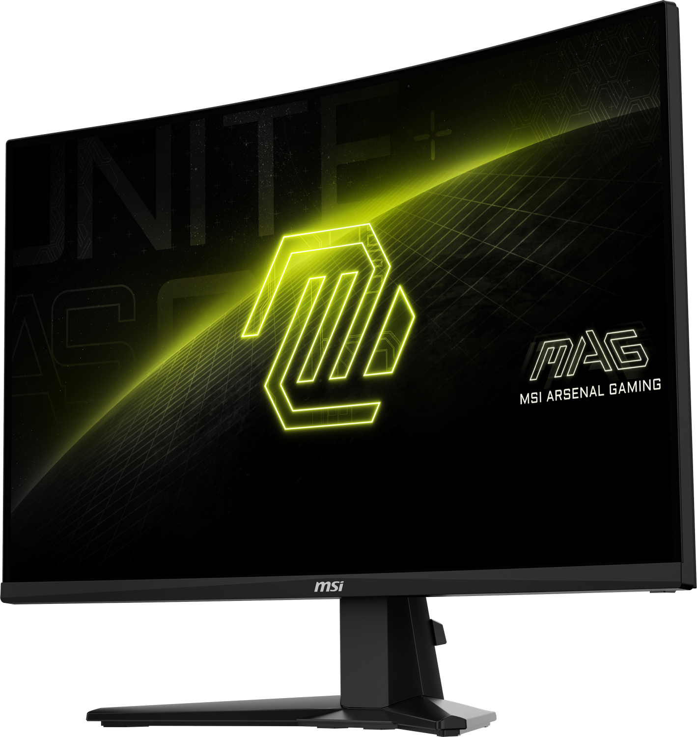 Un monitor curvo para juegos con un logotipo y texto verde neón sobre un fondo negro.