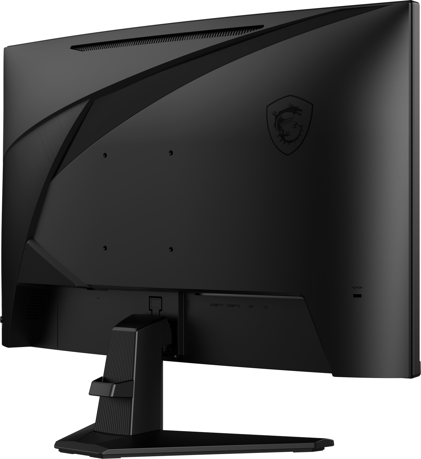Parte trasera de un monitor negro con el logotipo de MSI. El monitor está sobre un soporte negro.