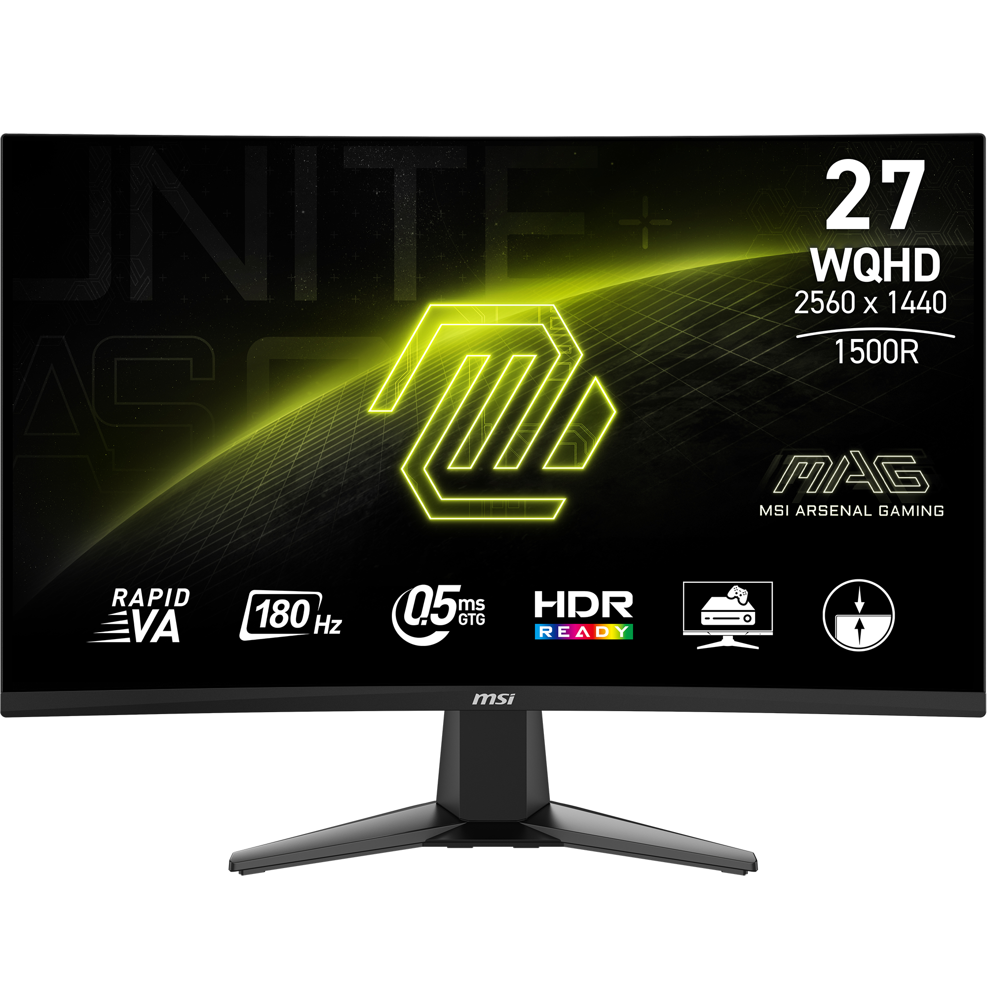 Monitor de computadora curvo negro con texto descriptivo y logo. Fondo negro.