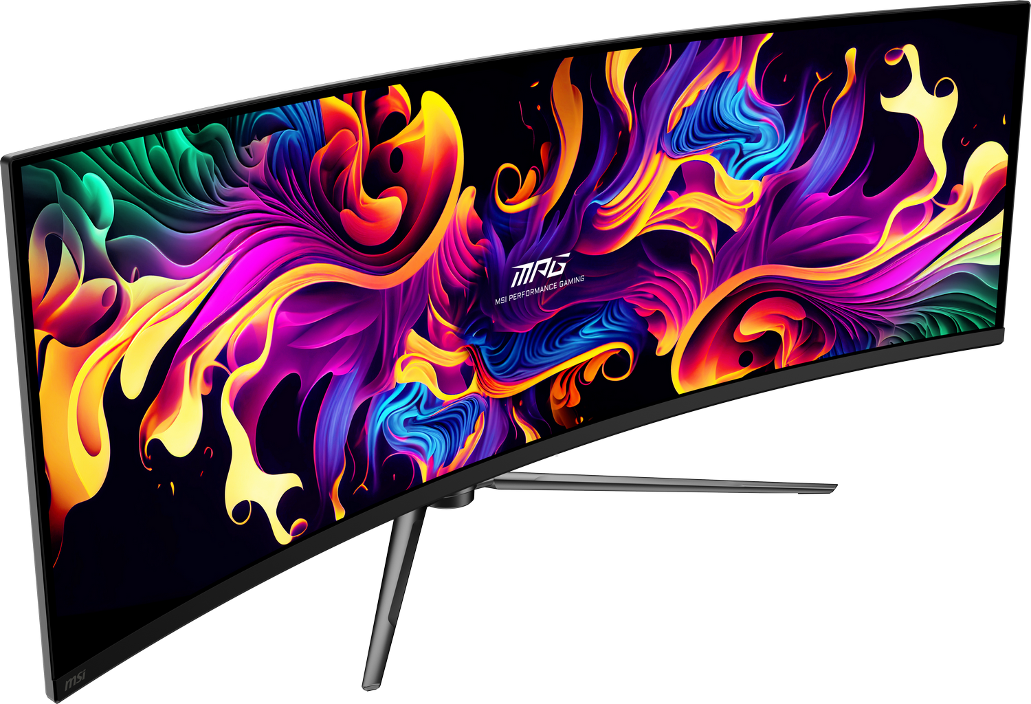 Un monitor curvo ultra ancho muestra un diseño abstracto colorido. Tiene un logotipo de MSI.