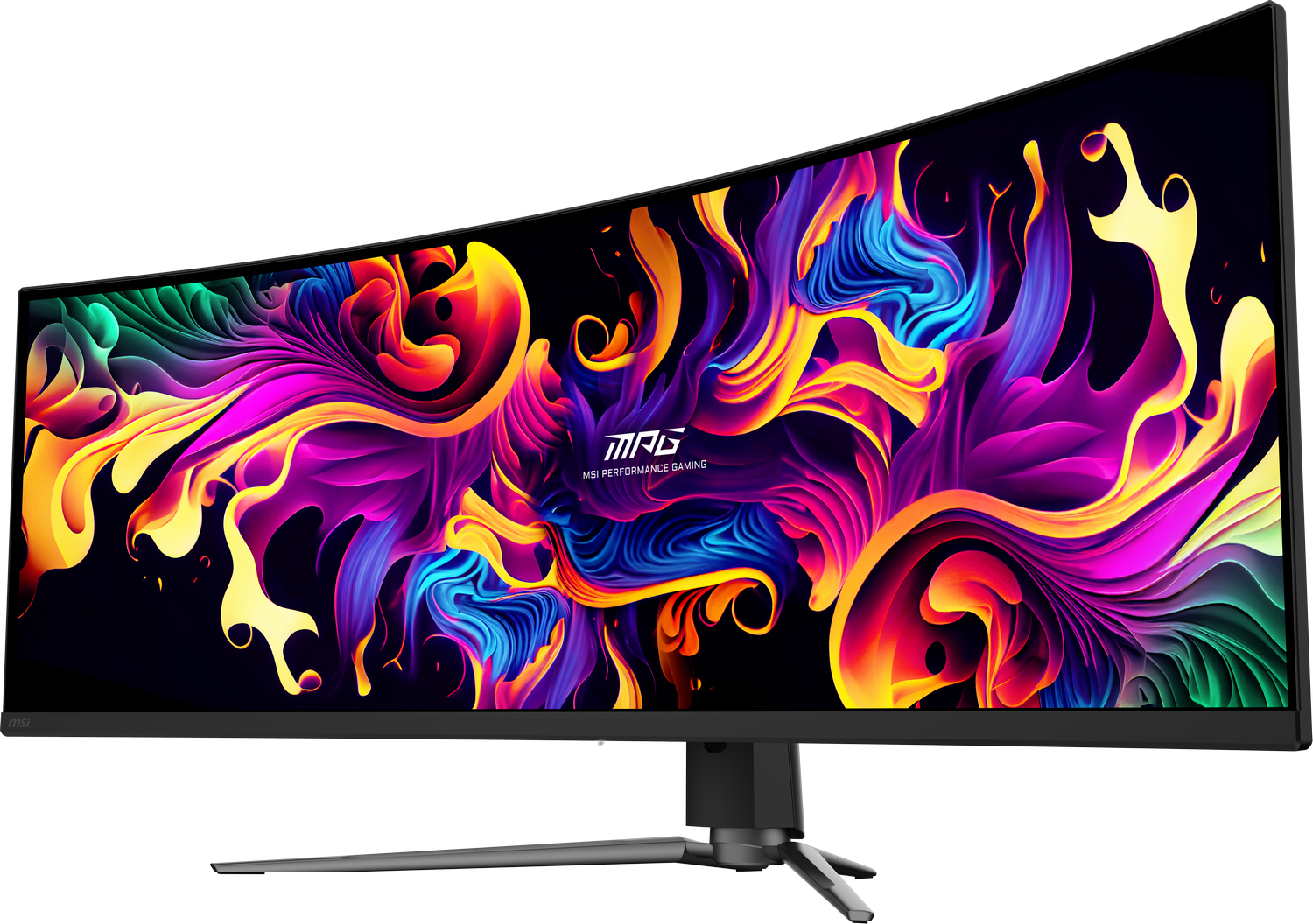 Un monitor curvo MSI para juegos que muestra una imagen abstracta y colorida. El monitor tiene un marco y soporte negros.