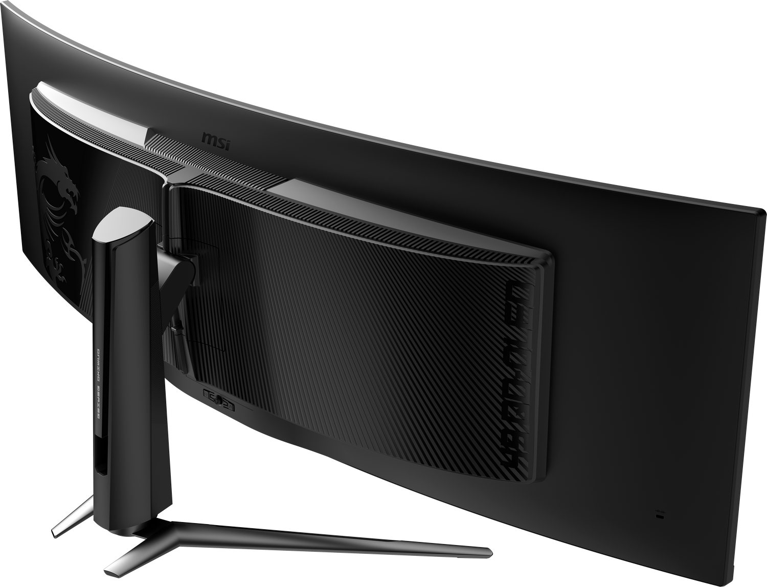 Monitor curvo negro, vista en ángulo. La parte trasera muestra la marca MSI y el soporte.