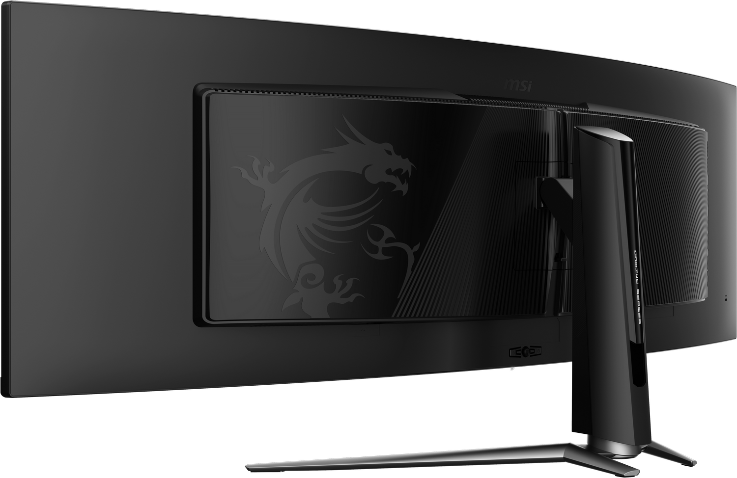 Monitor de computadora negro curvo, mostrando la parte trasera. Logo de dragón visible.