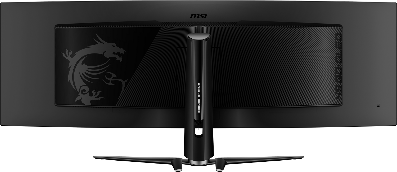 Parte trasera del monitor MSI con logo de dragón y soporte.