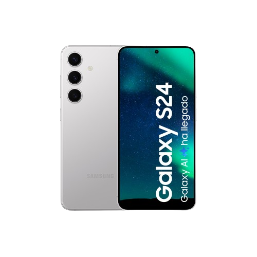 Un smartphone plateado Samsung Galaxy S24. La pantalla muestra una interfaz verde y el texto 'Galaxy S24'.