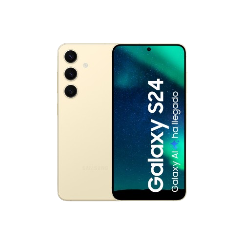 Teléfono dorado Samsung Galaxy S24, conjunto de cámaras y pantalla con Galaxy AI.