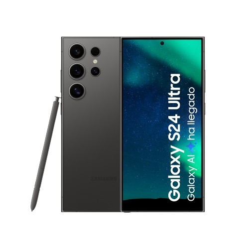 Teléfono gris oscuro Samsung Galaxy S24 Ultra con lápiz óptico. La pantalla dice Galaxy S24 Ultra.