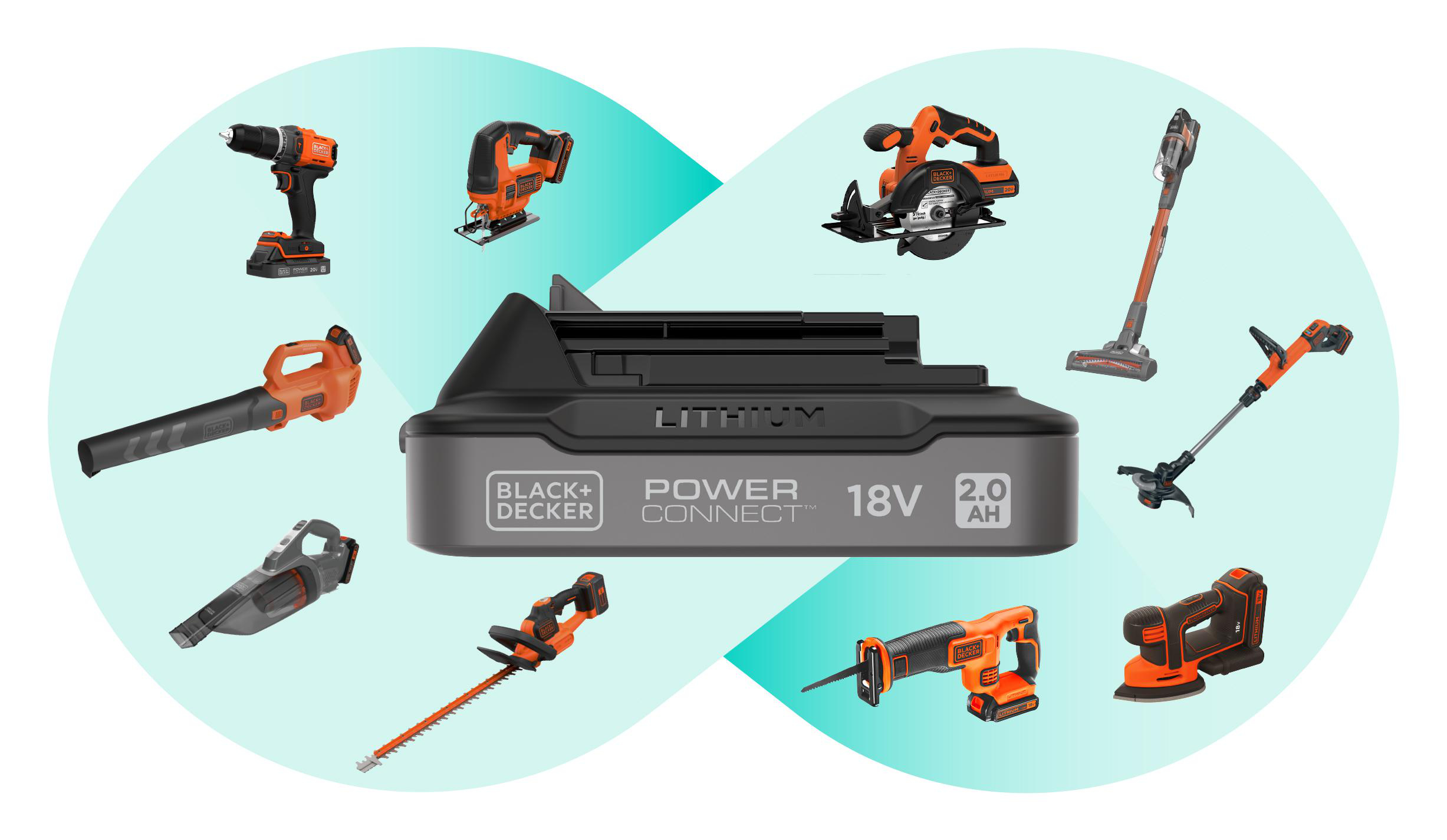 Black and Decker Werkzeuge und Akku auf hellblauem Hintergrund.