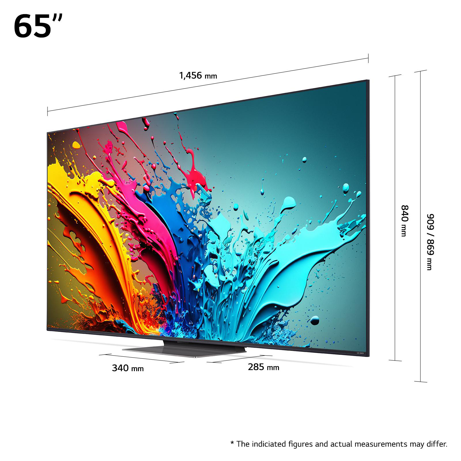65" Fernseher mit farbenfroher Splash-Art-Anzeige. Abmessungen sind angegeben.