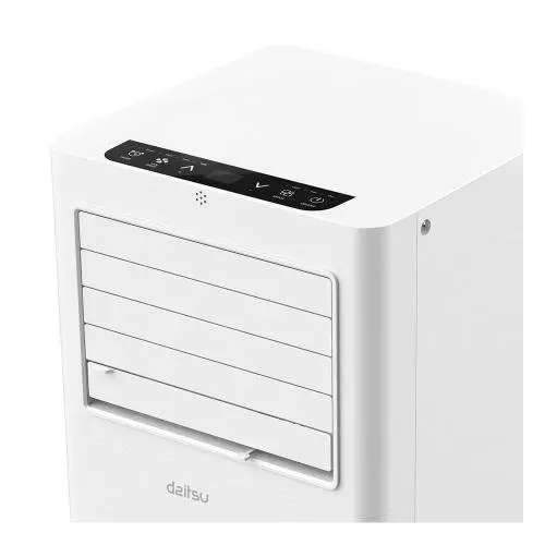 Enfriador de aire blanco con panel de control superior y lamas frontales.