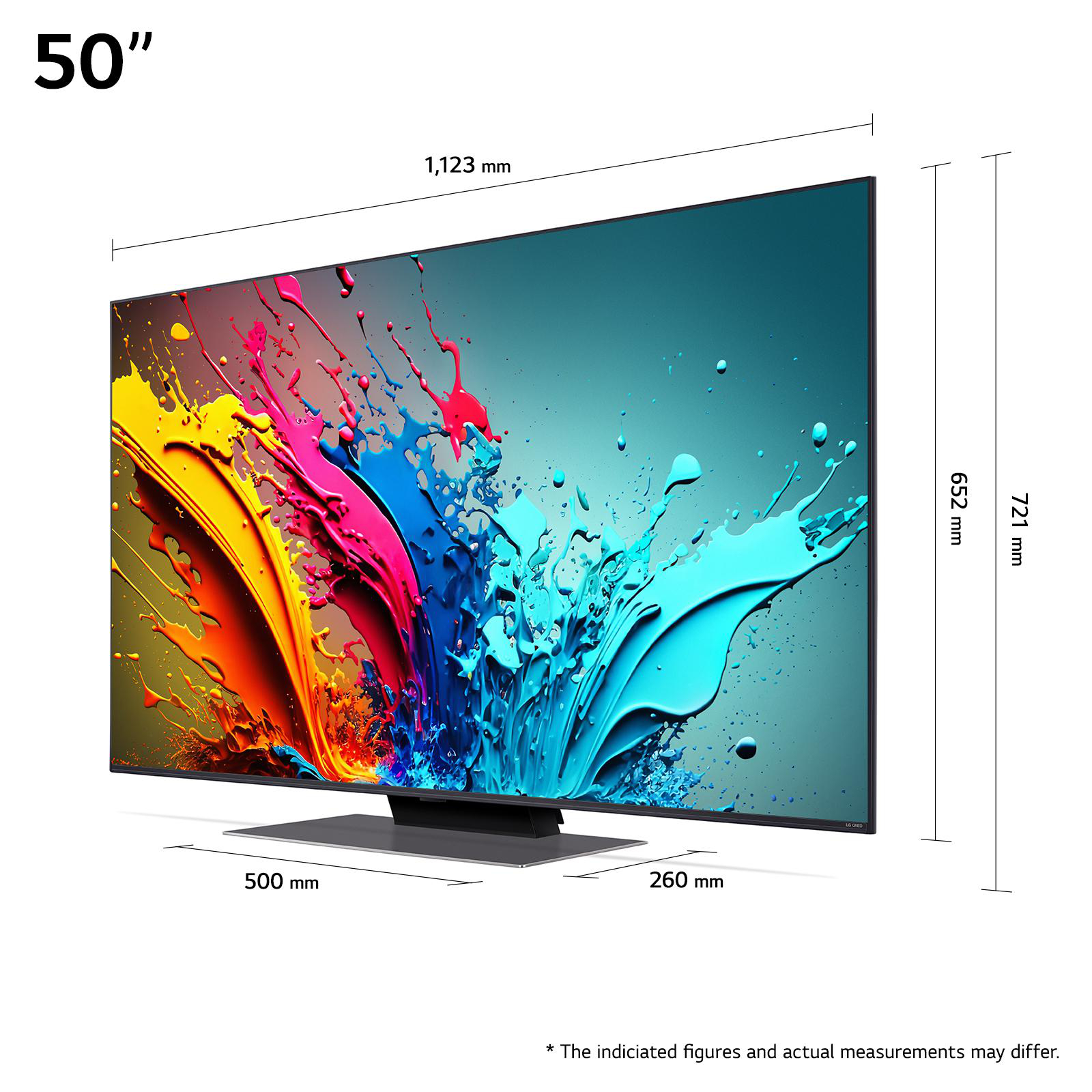 50"-TV mit farbenfroher abstrakter Kunst auf dem Bildschirm. Abmessungen und Größen sind beschriftet. Weißer Hintergrund.