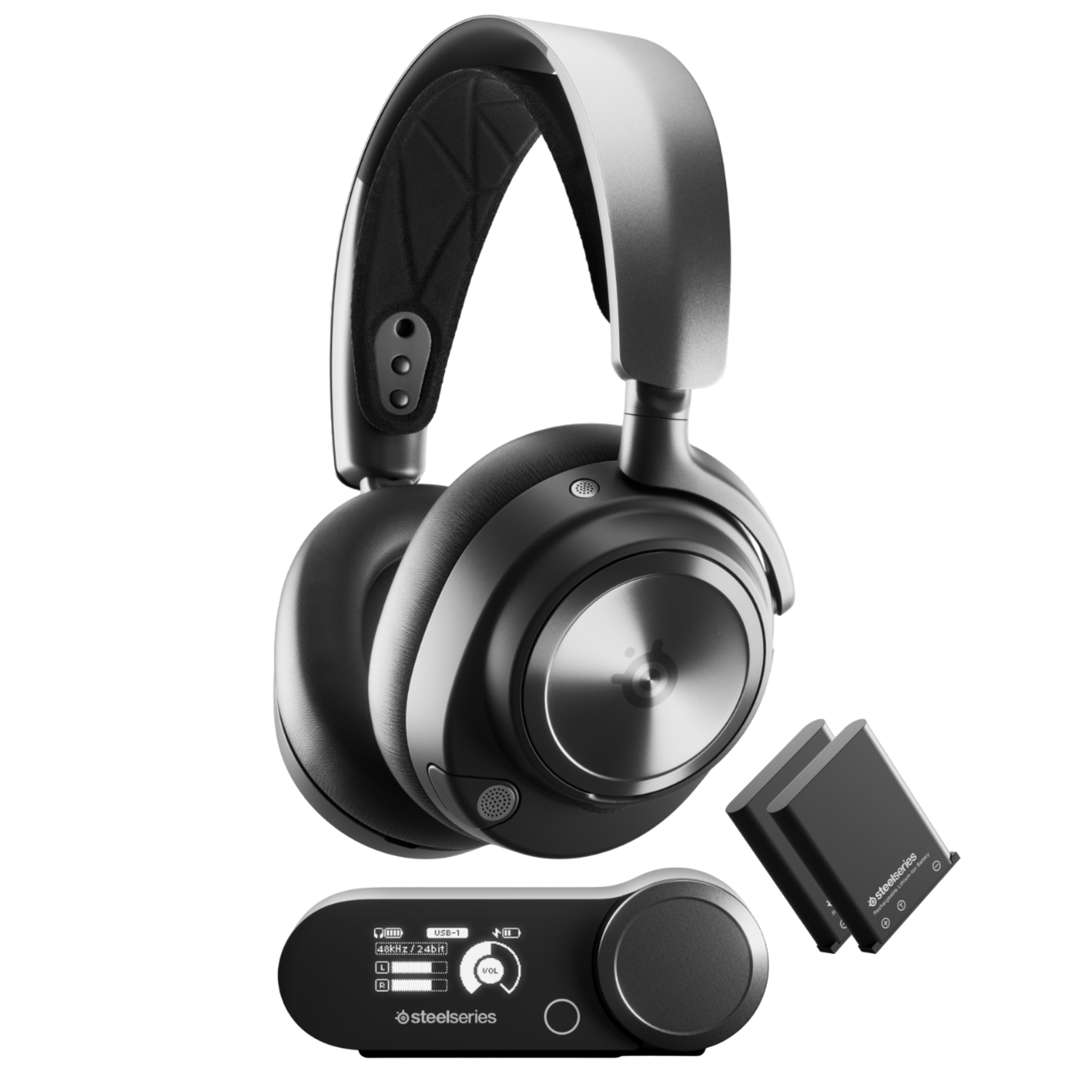 Zwarte SteelSeries Arctis Nova Pro Wireless headset, bedieningsbox en batterijen.