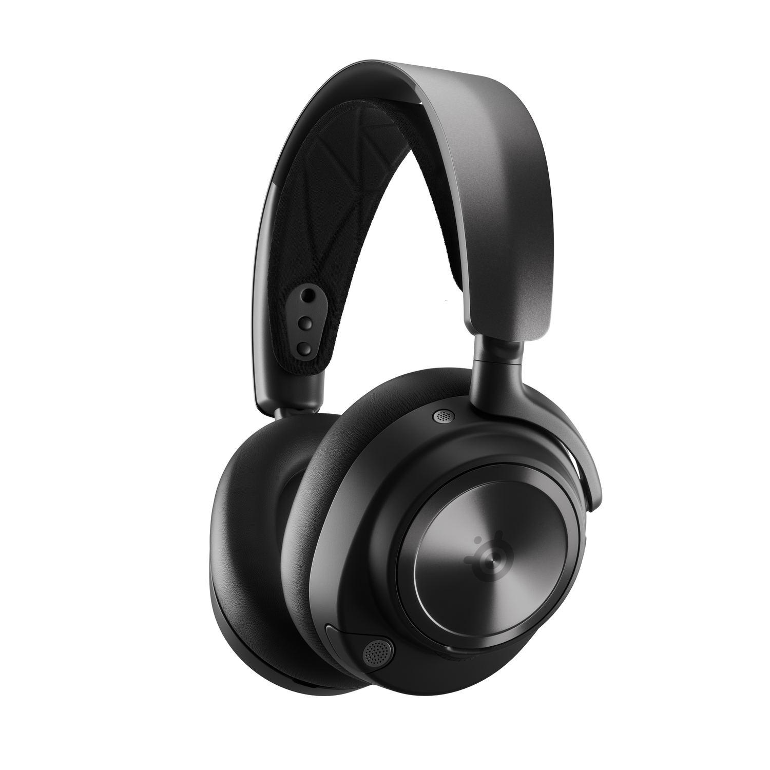 Zwarte over-ear koptelefoon met een zilveren cirkelvormig detail op de oorschelpen. De band is zwart.