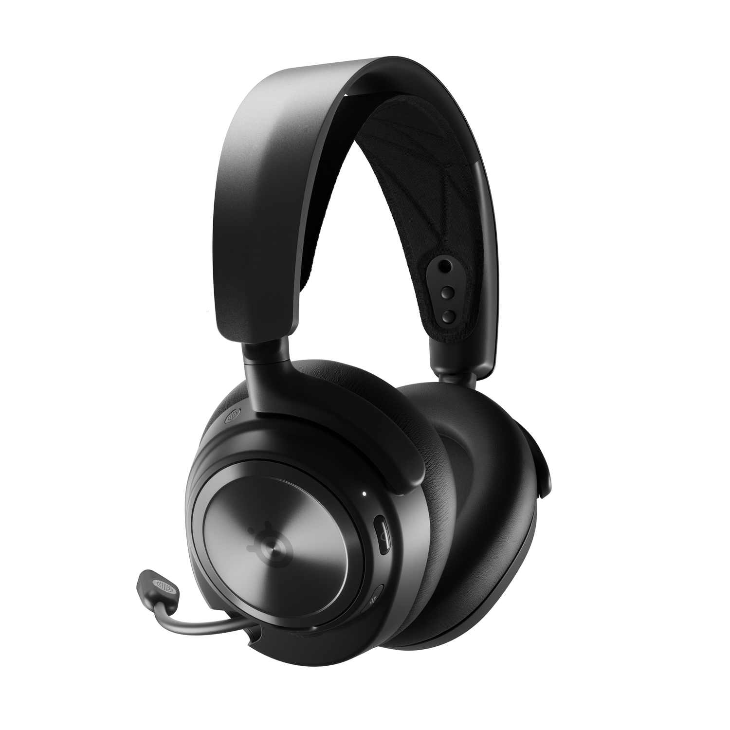 Zwarte gaming headset met uitgeschoven microfoon, op witte achtergrond.