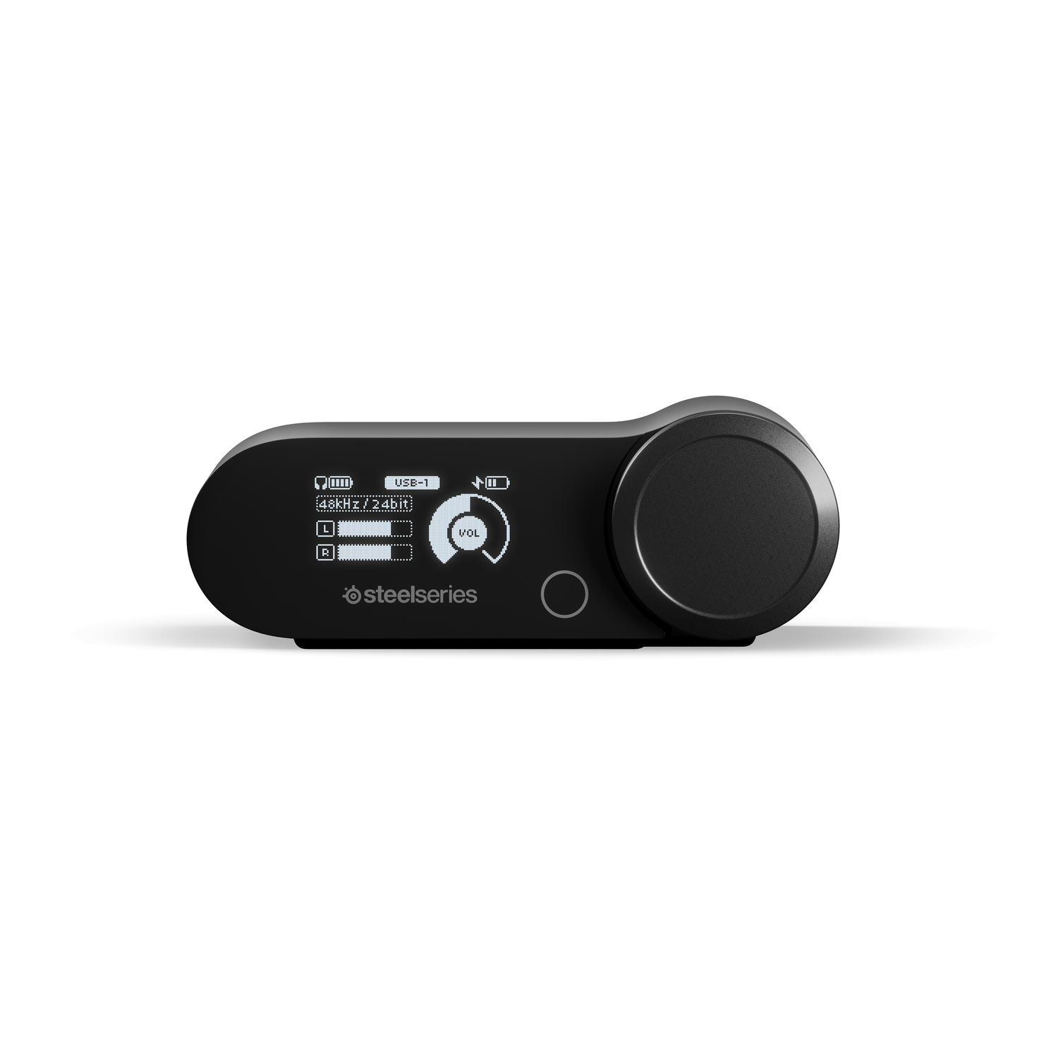 Zwart audioapparaat met een scherm en een grote bedieningsknop.