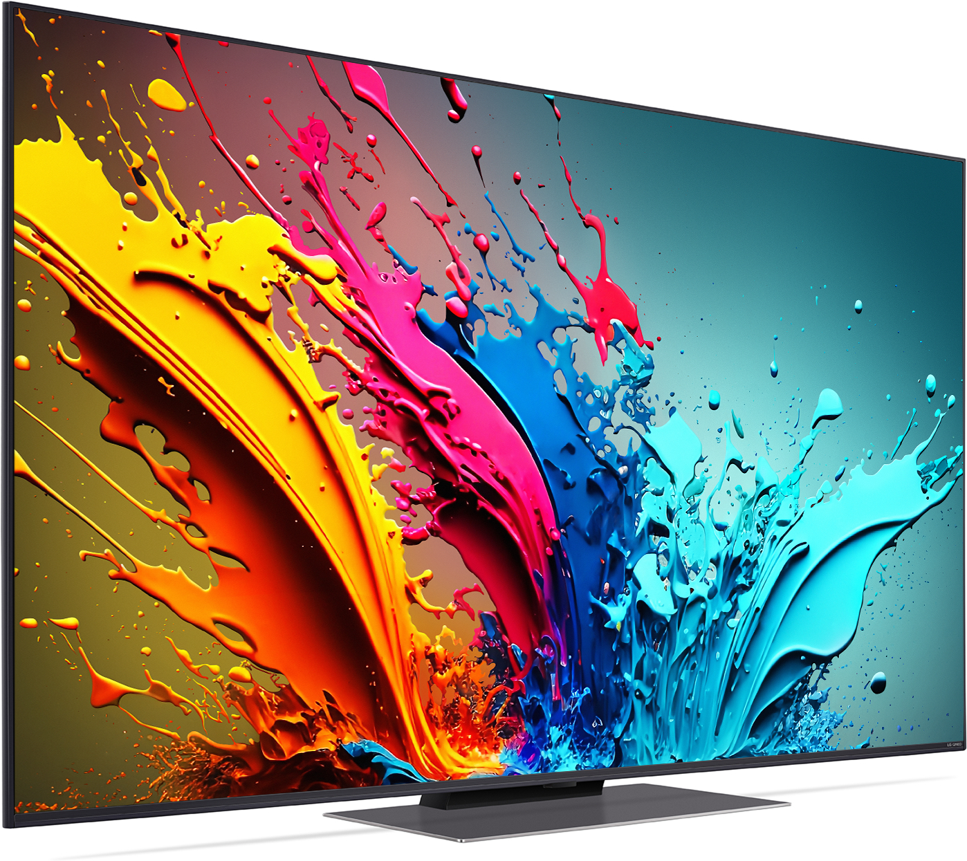Ein Fernsehbildschirm mit einem bunten abstrakten Design. Gelbe, rosa und blaue Farbspritzer.