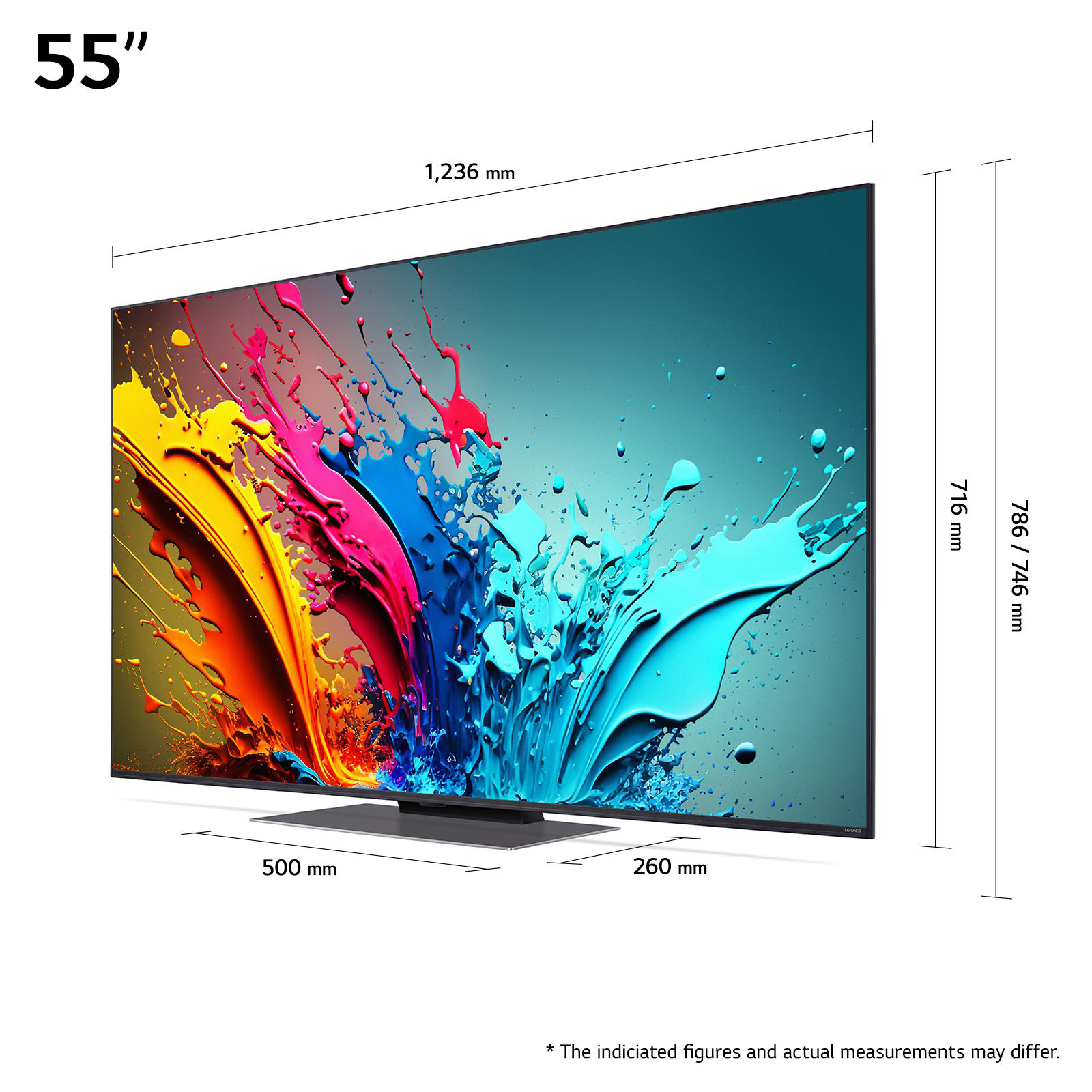 55" Fernseher mit farbenfrohem Bild, Abmessungen und Maße im Bild.