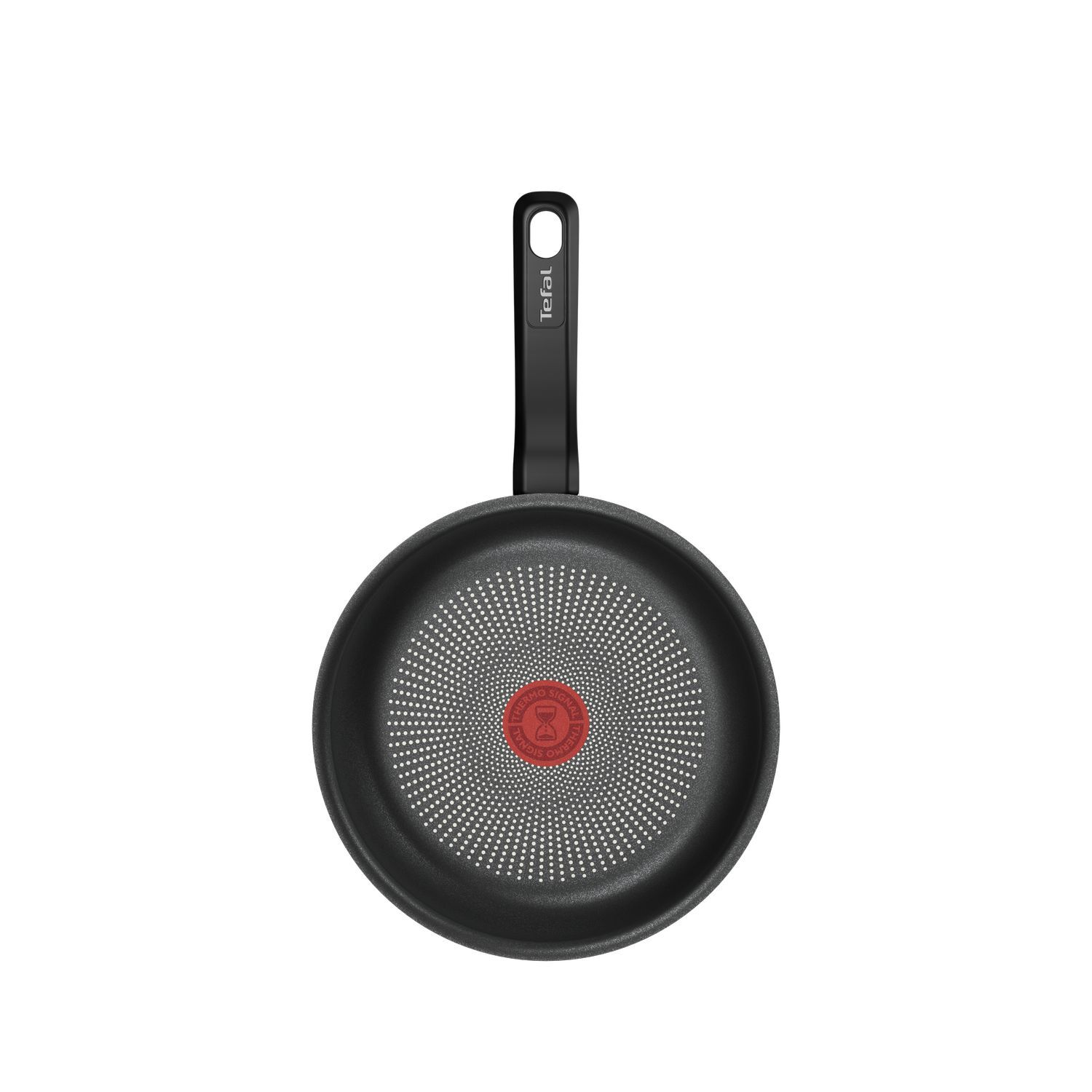 Black frying pan with a red dot in the center and a black handle.