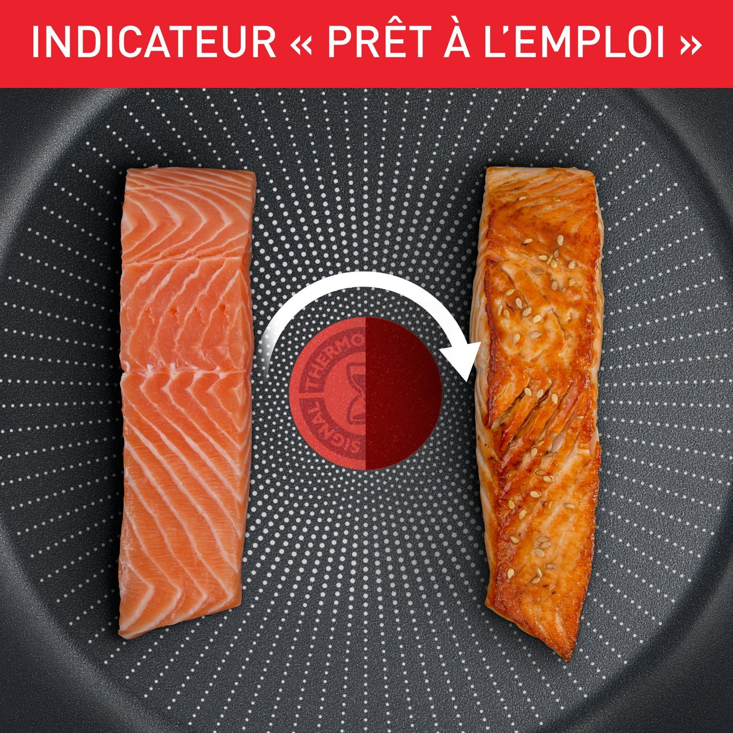 Poêle avec morceaux de saumon, un cru, un cuit, avec l'indicateur Thermo signal.